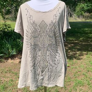 Urban X Cross with Wings Rhinestone Front Back Graphic Top Size 1X